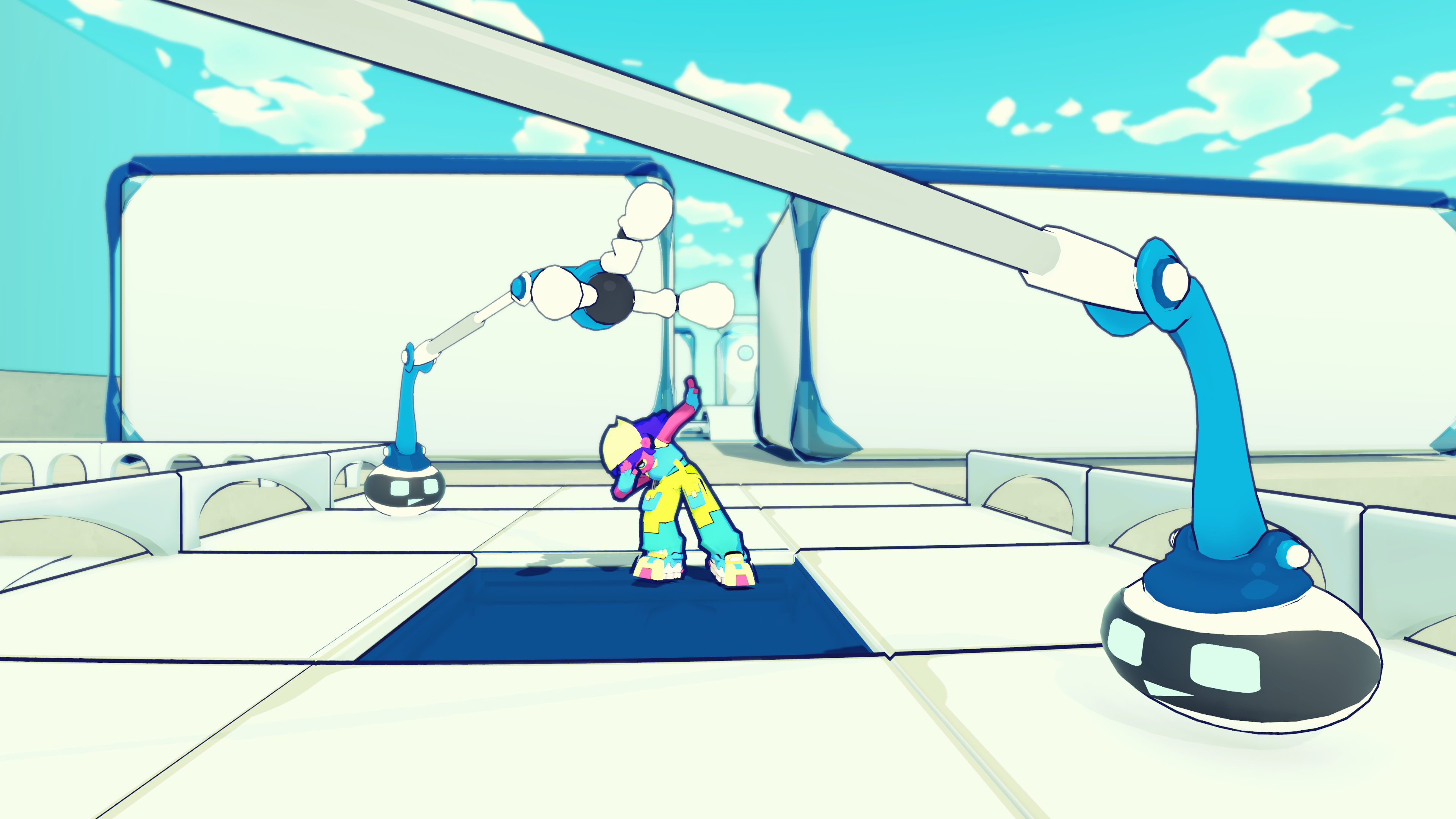 A screenshot from the game showing Carla dabbing between two robotic arms that are reaching for her.